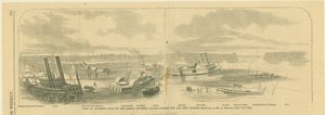 Gravure de bateaux à vapeur détruits avec une île fluviale en arrière-plan